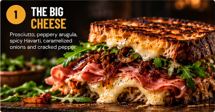 Gourmet grilled cheese sandwich, big cheese